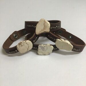 Leather Bracelet Snap Cuff Howlite Beads Closure Adjusts Boho Made In Mexico NEW